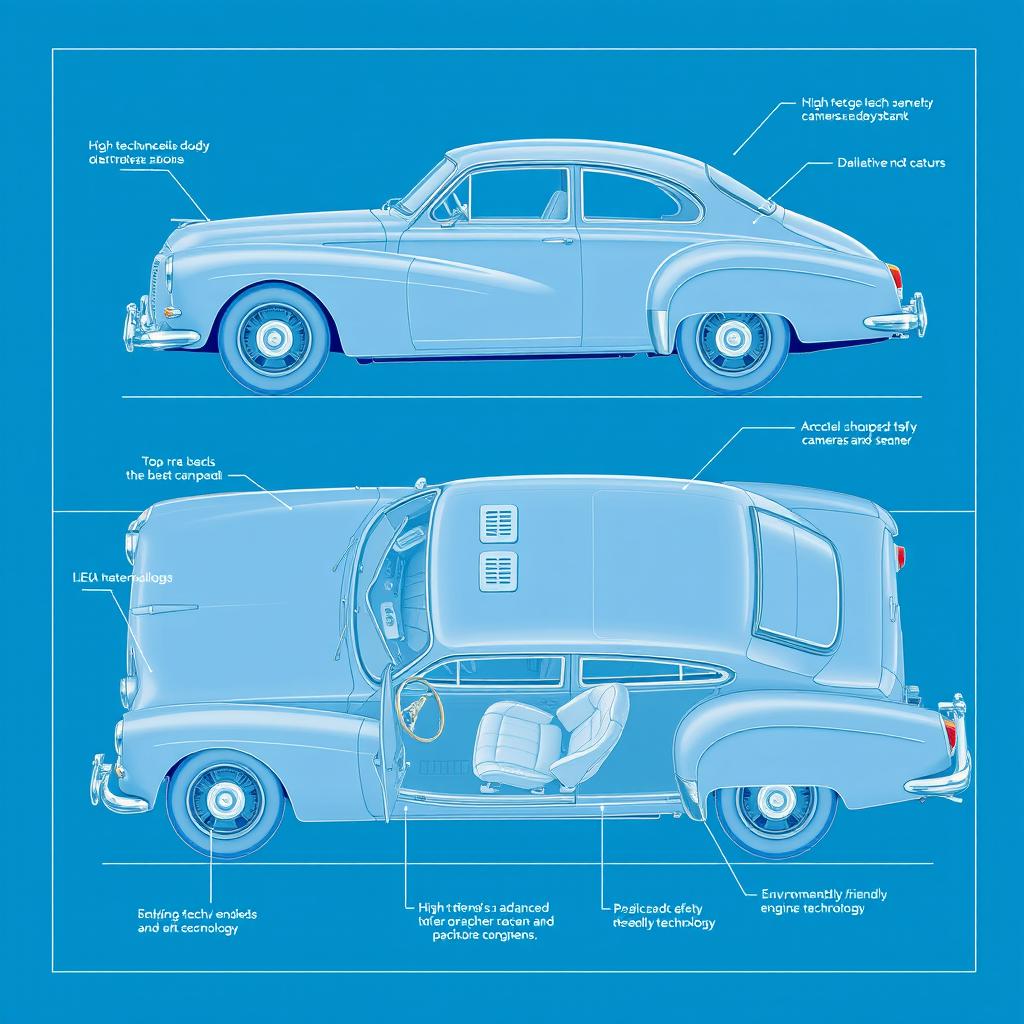 A detailed blueprint of a car that features a blend of old classical design elements with modern characteristics