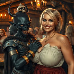 Inside a lively medieval tavern bustling with blonde women, a captivating scene unfolds featuring two contrasting characters