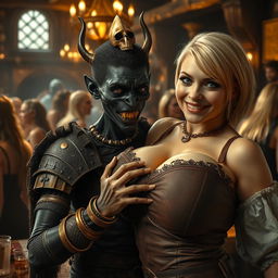 Inside a lively medieval tavern bustling with blonde women, a captivating scene unfolds featuring two contrasting characters