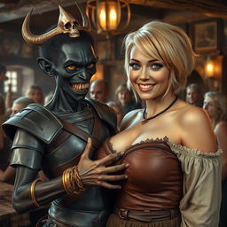 Inside a lively medieval tavern bustling with blonde women, a captivating scene unfolds featuring two contrasting characters