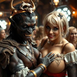 Inside a lively medieval tavern bustling with blonde women, a captivating scene unfolds featuring two contrasting characters