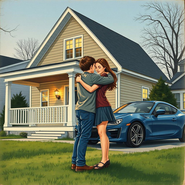 A vintage drawing style book cover featuring an 18-year-old brother and a 22-year-old sister hugging tightly in front of their house with a charming porch and white porch railing