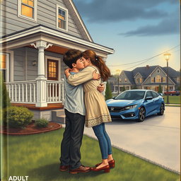 A vintage drawing style book cover featuring an 18-year-old brother and a 22-year-old sister hugging tightly in front of their house with a charming porch and white porch railing