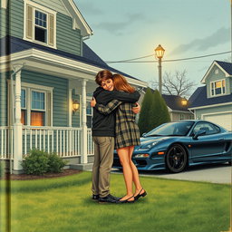 A vintage drawing style book cover featuring an 18-year-old brother and a 22-year-old sister hugging tightly in front of their house with a charming porch and white porch railing