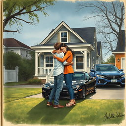 A vintage drawing style book cover featuring an 18-year-old brother and a 22-year-old sister hugging tightly in front of their house with a charming porch and white porch railing