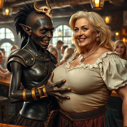 In a bustling medieval tavern filled with voluptuous blonde women, a striking scene unfolds featuring two contrasting characters