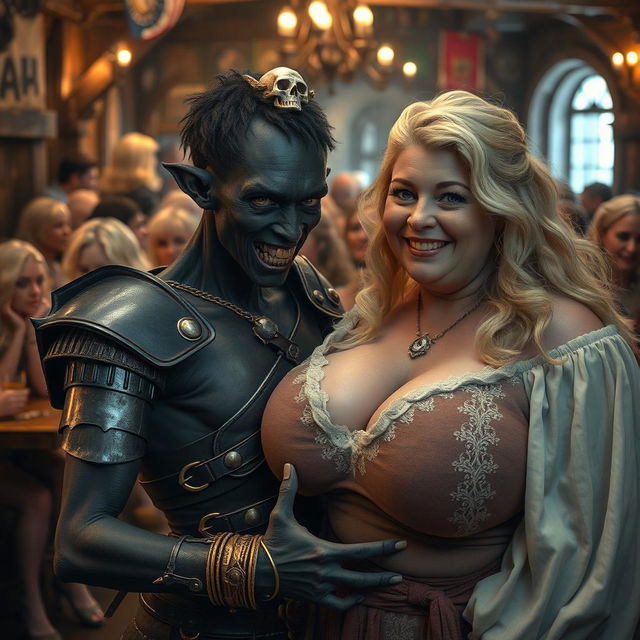 In a bustling medieval tavern filled with voluptuous blonde women, a striking scene unfolds featuring two contrasting characters