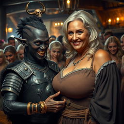 In a bustling medieval tavern filled with voluptuous blonde women, a striking scene unfolds featuring two contrasting characters