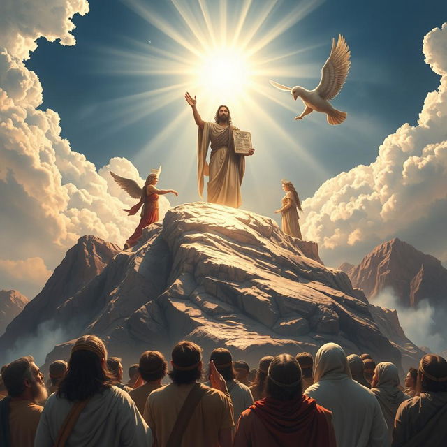 A powerful representation of the moment God gives Moses the Ten Commandments on Mount Sinai, a pivotal event that changed the course of human history