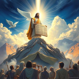 A powerful representation of the moment God gives Moses the Ten Commandments on Mount Sinai, a pivotal event that changed the course of human history