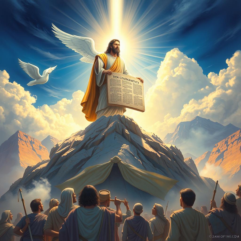 A powerful representation of the moment God gives Moses the Ten Commandments on Mount Sinai, a pivotal event that changed the course of human history