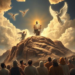 A powerful representation of the moment God gives Moses the Ten Commandments on Mount Sinai, a pivotal event that changed the course of human history