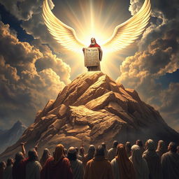 A powerful representation of the moment God gives Moses the Ten Commandments on Mount Sinai, a pivotal event that changed the course of human history