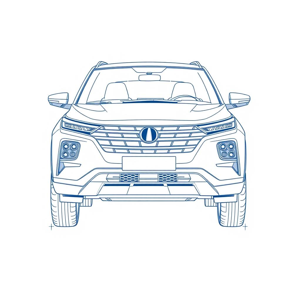 A detailed front blueprint illustration of a compact SUV, showcasing a modern design with sleek lines and curves