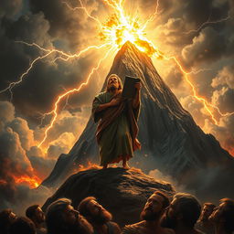 A powerful artistic representation of the moment Moses receives the fundamental instructions from God at the peak of Mount Sinai, amid a dramatic storm of clouds and fire