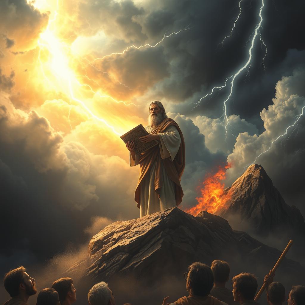 A powerful artistic representation of the moment Moses receives the fundamental instructions from God at the peak of Mount Sinai, amid a dramatic storm of clouds and fire