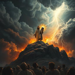 A powerful artistic representation of the moment Moses receives the fundamental instructions from God at the peak of Mount Sinai, amid a dramatic storm of clouds and fire