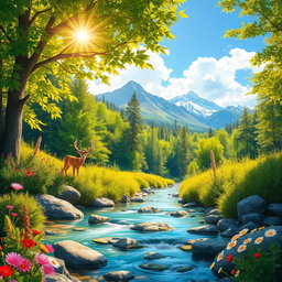 Create a vibrant, picturesque scene of a lush forest bathed in golden sunlight filtering through the leafy green treetops