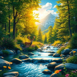 Create a vibrant, picturesque scene of a lush forest bathed in golden sunlight filtering through the leafy green treetops