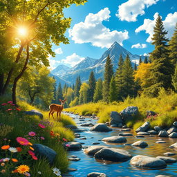 Create a vibrant, picturesque scene of a lush forest bathed in golden sunlight filtering through the leafy green treetops