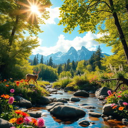 Create a vibrant, picturesque scene of a lush forest bathed in golden sunlight filtering through the leafy green treetops