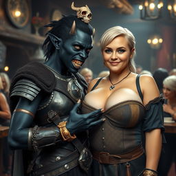 Inside a medieval tavern bustling with blonde women showcasing large breasts, there stands a striking duo