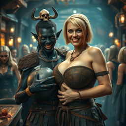 Inside a medieval tavern bustling with blonde women showcasing large breasts, there stands a striking duo