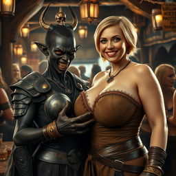 Inside a medieval tavern bustling with blonde women showcasing large breasts, there stands a striking duo