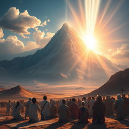 A profound artistic interpretation of Mount Sinai as a symbol of the covenant between God and Israel, capturing its essence as a connection point between the divine and the human