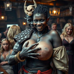 Inside a bustling medieval tavern filled with voluptuous blonde prostitutes, an intriguing scene captures attention