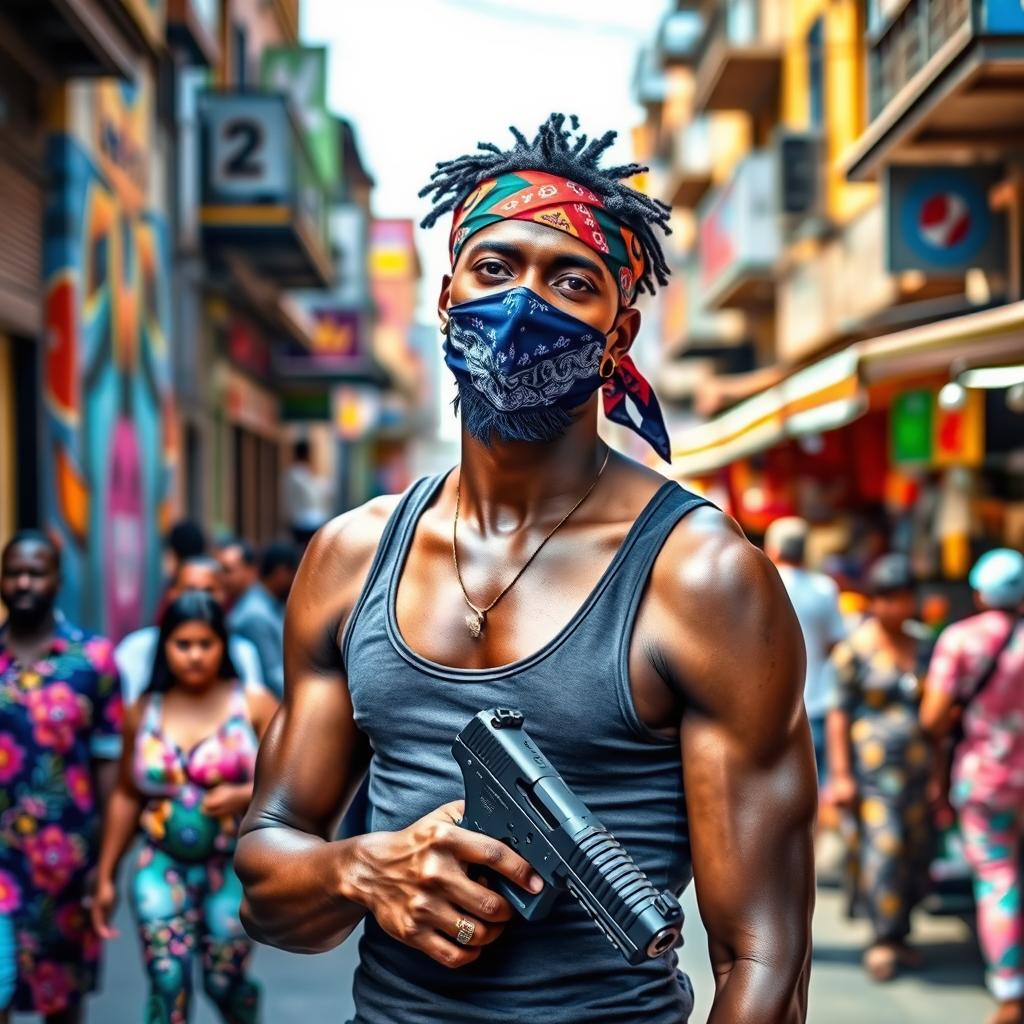 An African man wearing a colorful bandana as a mask and a fitted tank top, confidently standing in the lively streets of an African city