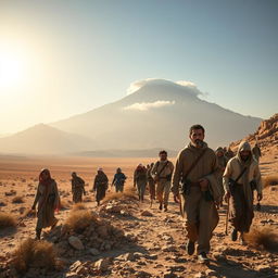 A captivating scene depicting pilgrims traversing the arid landscape of Mount Sinai, each seeking to understand the significance of the transformative experiences that took place there