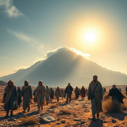 A captivating scene depicting pilgrims traversing the arid landscape of Mount Sinai, each seeking to understand the significance of the transformative experiences that took place there