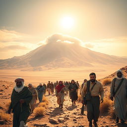 A captivating scene depicting pilgrims traversing the arid landscape of Mount Sinai, each seeking to understand the significance of the transformative experiences that took place there
