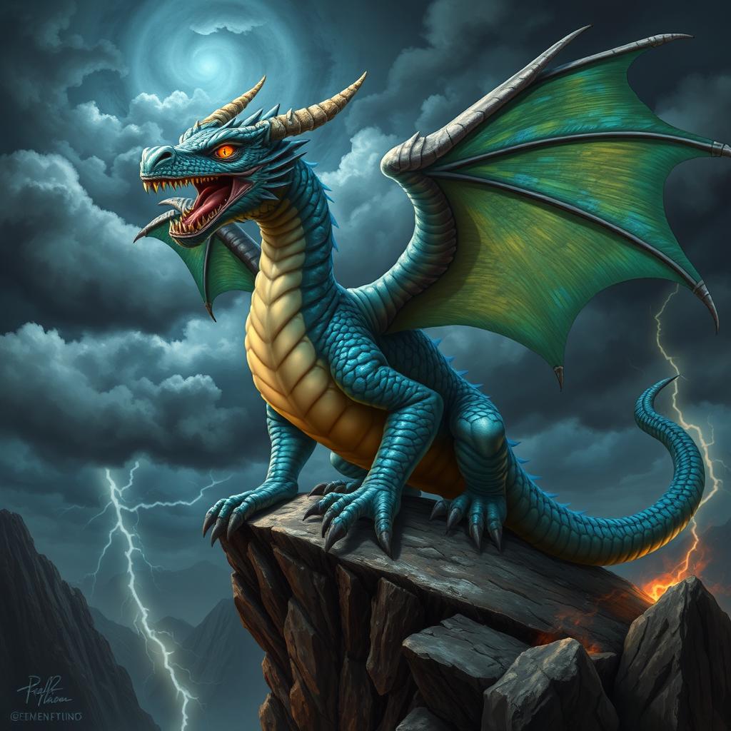 A powerful dragon with iridescent scales, showcasing a fierce expression, perched on a cliff overlooking a dramatic landscape