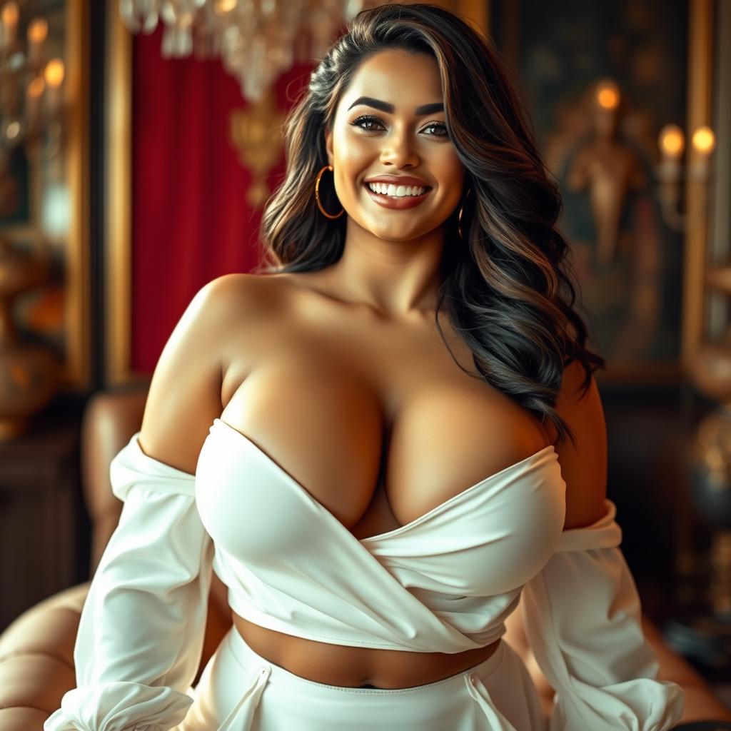 A stunningly voluptuous and alluring woman, exuding confidence and sensuality, dressed in minimal yet elegant clothing that accentuates her ample bosom and curvaceous figure