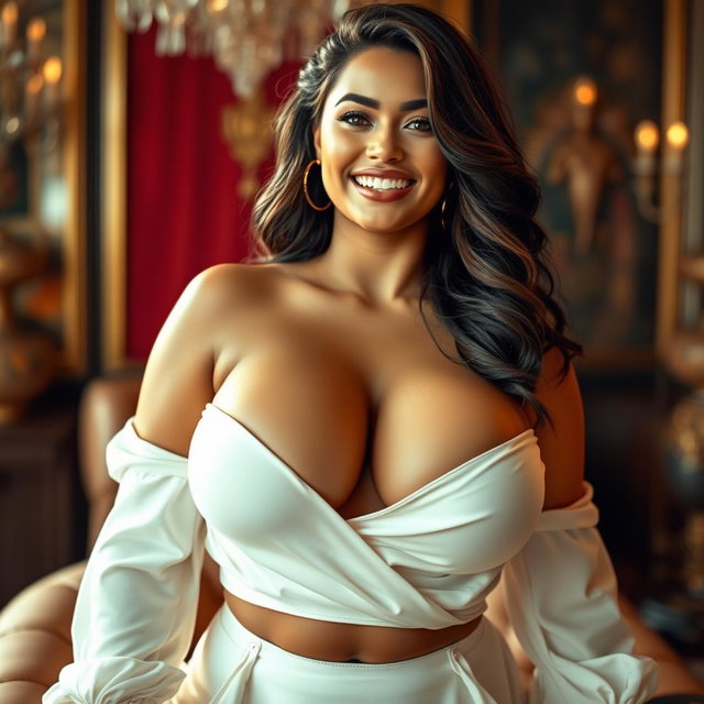 A stunningly voluptuous and alluring woman, exuding confidence and sensuality, dressed in minimal yet elegant clothing that accentuates her ample bosom and curvaceous figure