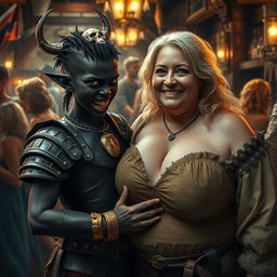 Inside a medieval tavern bustling with mature, voluptuous blonde prostitutes, a striking scene captures the viewer's attention