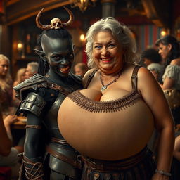 Inside a medieval tavern bustling with mature, voluptuous blonde prostitutes, a striking scene captures the viewer's attention