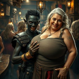 Inside a medieval tavern bustling with mature, voluptuous blonde prostitutes, a striking scene captures the viewer's attention