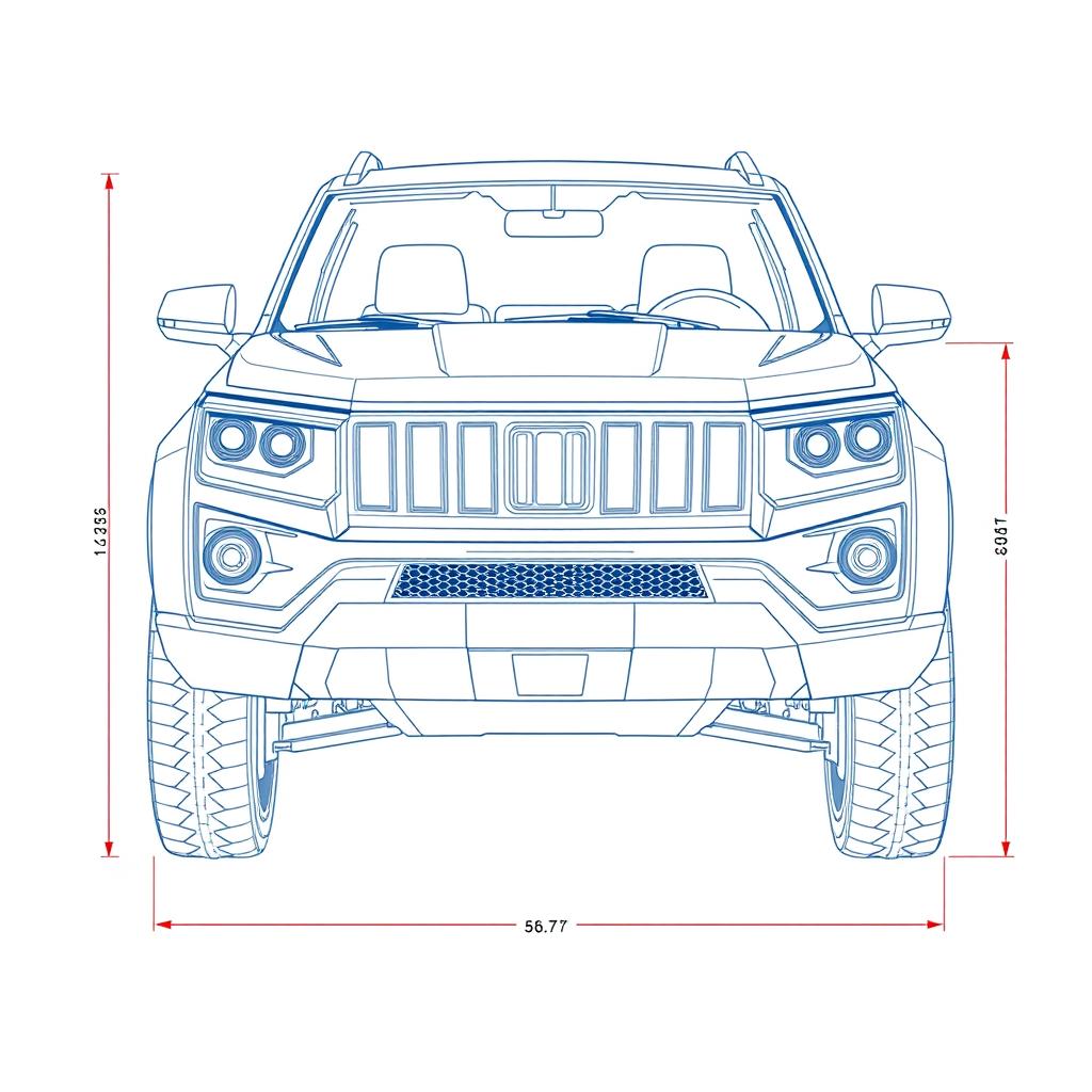 A detailed front blueprint illustration of a compact SUV featuring squared and sharply defined bumper shapes