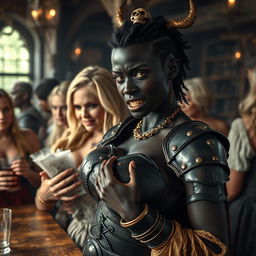 In a medieval tavern bustling with mature, voluptuous blonde prostitutes, a striking scene unfolds