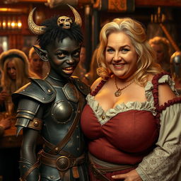 In a medieval tavern bustling with mature, voluptuous blonde prostitutes, a striking scene unfolds