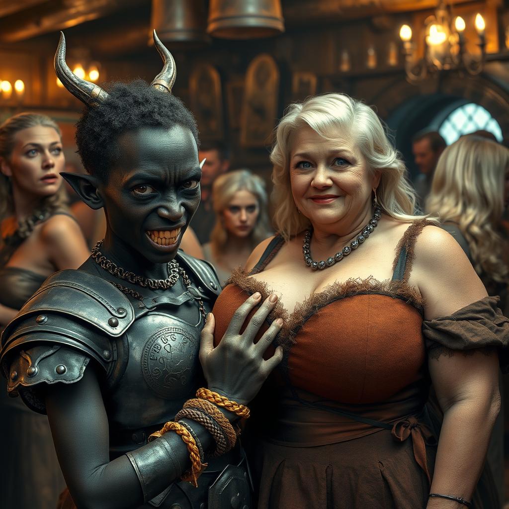 In a medieval tavern bustling with mature, voluptuous blonde prostitutes, a striking scene unfolds