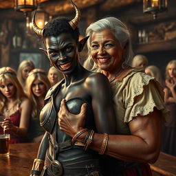 In a medieval tavern bustling with mature, voluptuous blonde prostitutes, a striking scene unfolds