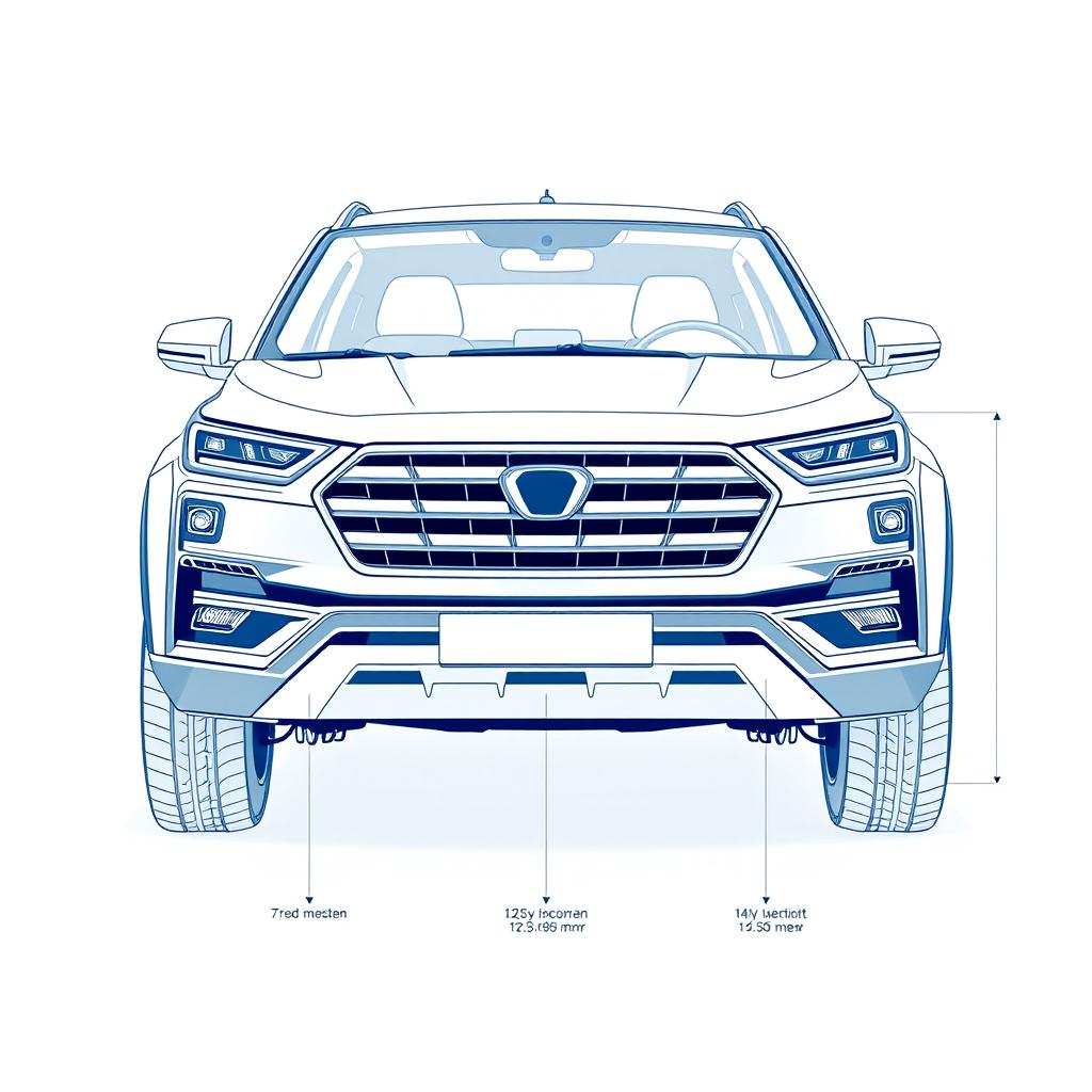 A detailed front blueprint illustration of a compact SUV featuring squared and sharply defined bumper shapes and sharp, angular headlights