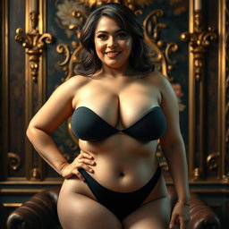 A breathtakingly beautiful and voluptuous woman, embodying sensuality and confidence, dressed in minimal and provocative clothing that highlights her ample bosom and alluring curves
