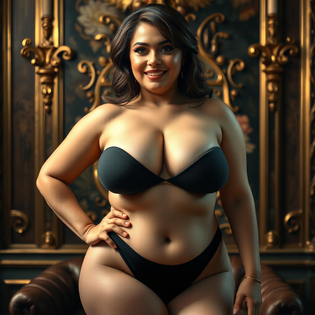 A breathtakingly beautiful and voluptuous woman, embodying sensuality and confidence, dressed in minimal and provocative clothing that highlights her ample bosom and alluring curves