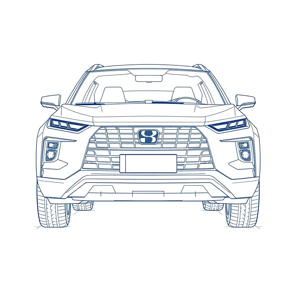 A detailed front blueprint illustration of a compact SUV showcasing a squared and sharply defined bumper, angular headlights, and a squared grille design