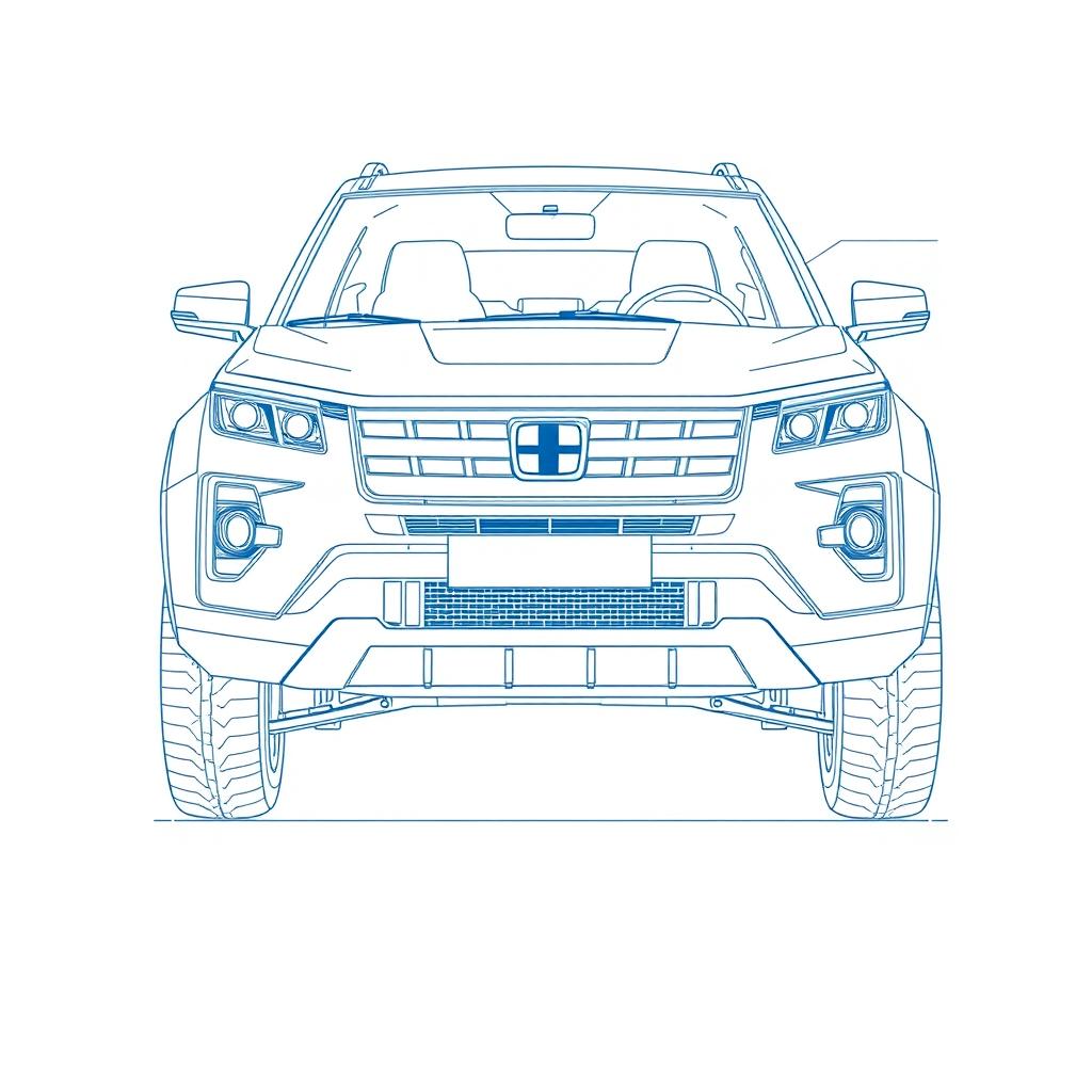 A detailed front blueprint illustration of a compact SUV featuring a squared and sporty bumper design, complemented by large, sharply defined headlights and a squared grille